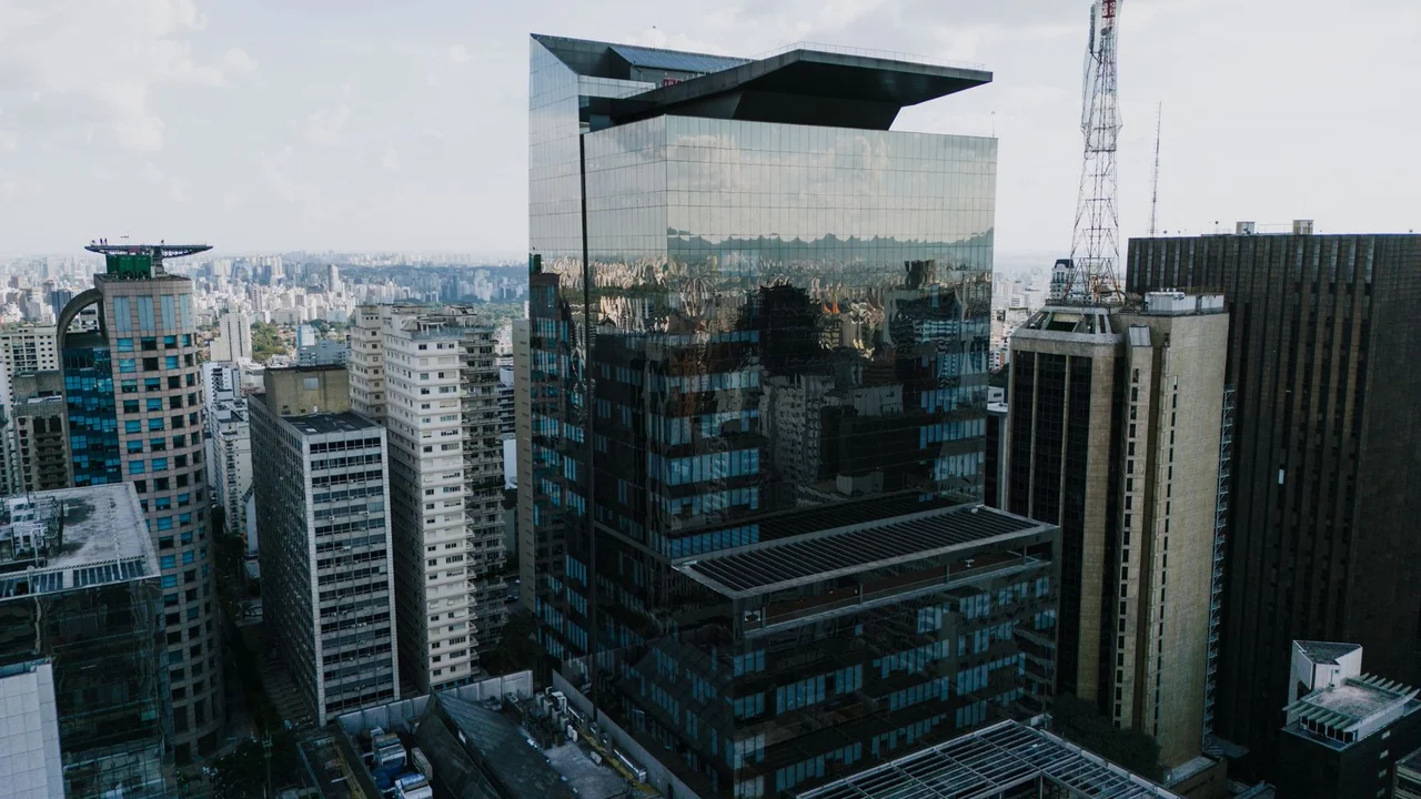 Aerial view of modern skyscrapers in Bela Vista, São Paulo, showcasing urban architecture.