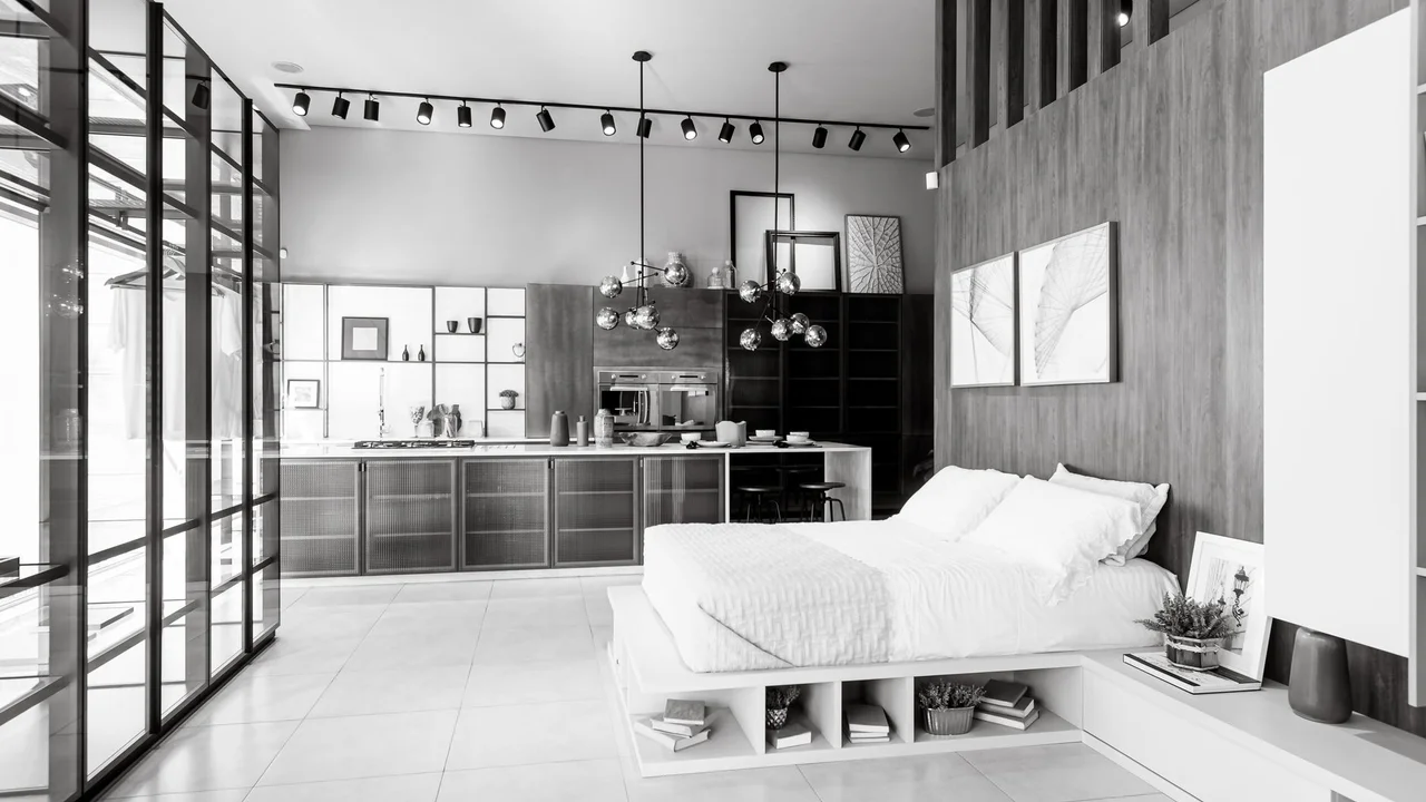 Elegant interior featuring a minimalist bedroom adjacent to a contemporary kitchen.